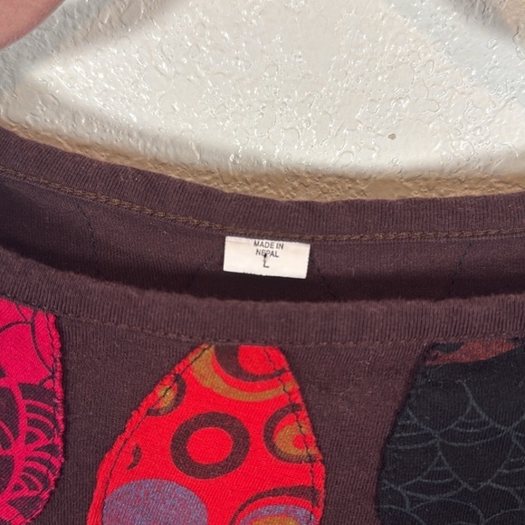 Nepal Brown Patchwork Flowers Pockets Bubble Hem Style Tunic Size Large - Picture 4 of 7